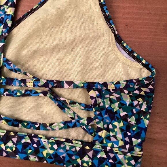 VICTORIA SPORT SZ LARGE BLUE GREEN GEOMETRIC PRINT CAGED RACERBACK SPORTS BRA - Picture 3 of 4